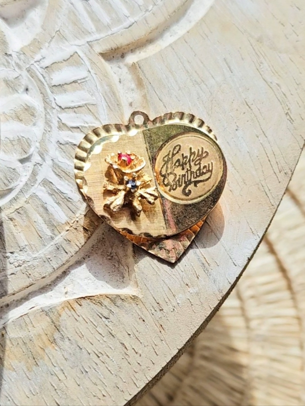 14K Vintage Happy Birthday Heart w/ Flower Pendant
